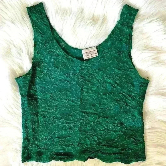 Featherbed Intimates Tops - Vintage Featherbed Intimates Emerald Green Lace Sheer Top Large